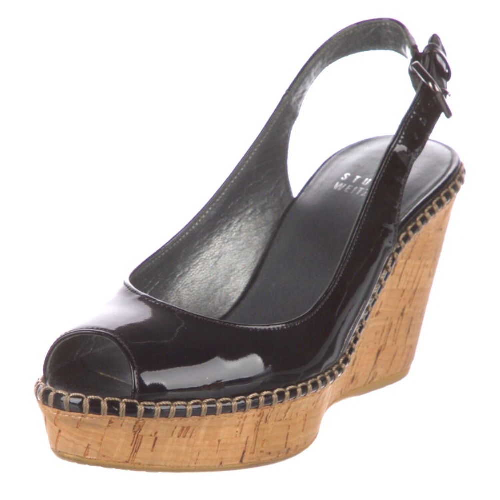 Stuart Weitzman Black Patent Peep-Toe Cork Wedge Slingbacks